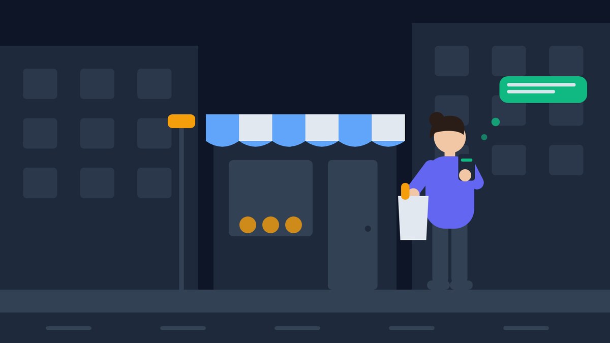 A woman walks out of a bakery with a paper bag and texts the purchase on the go; a short message bubble rises from her phone