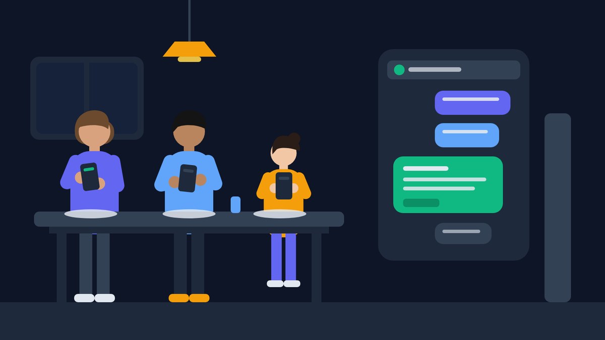 A family of three at the dinner table, each with a phone; above the table a shared group chat where the bot replies to a logged purchase